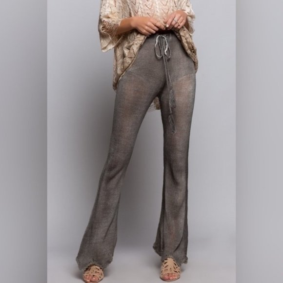 POL | Danni Lounge Lightweight Sweater Pants Boho Coachella Flare Leg Scalloped - Picture 4 of 14